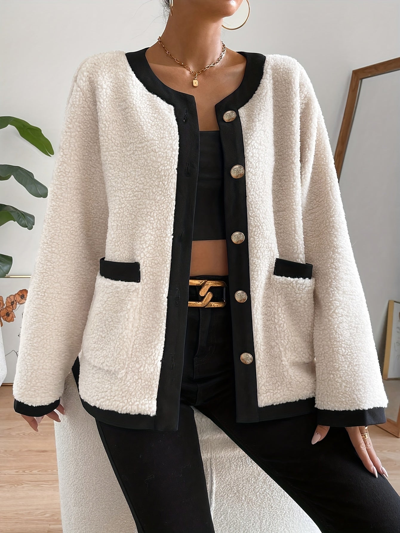 Contrast Trim Button Front Plush Coat