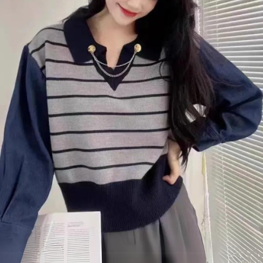 Fashionable Sweater with Denim Sleeves for Women