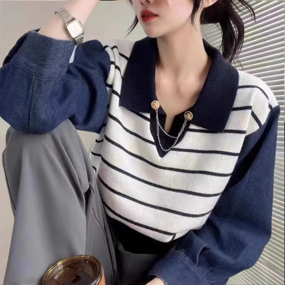 Fashionable Sweater with Denim Sleeves for Women