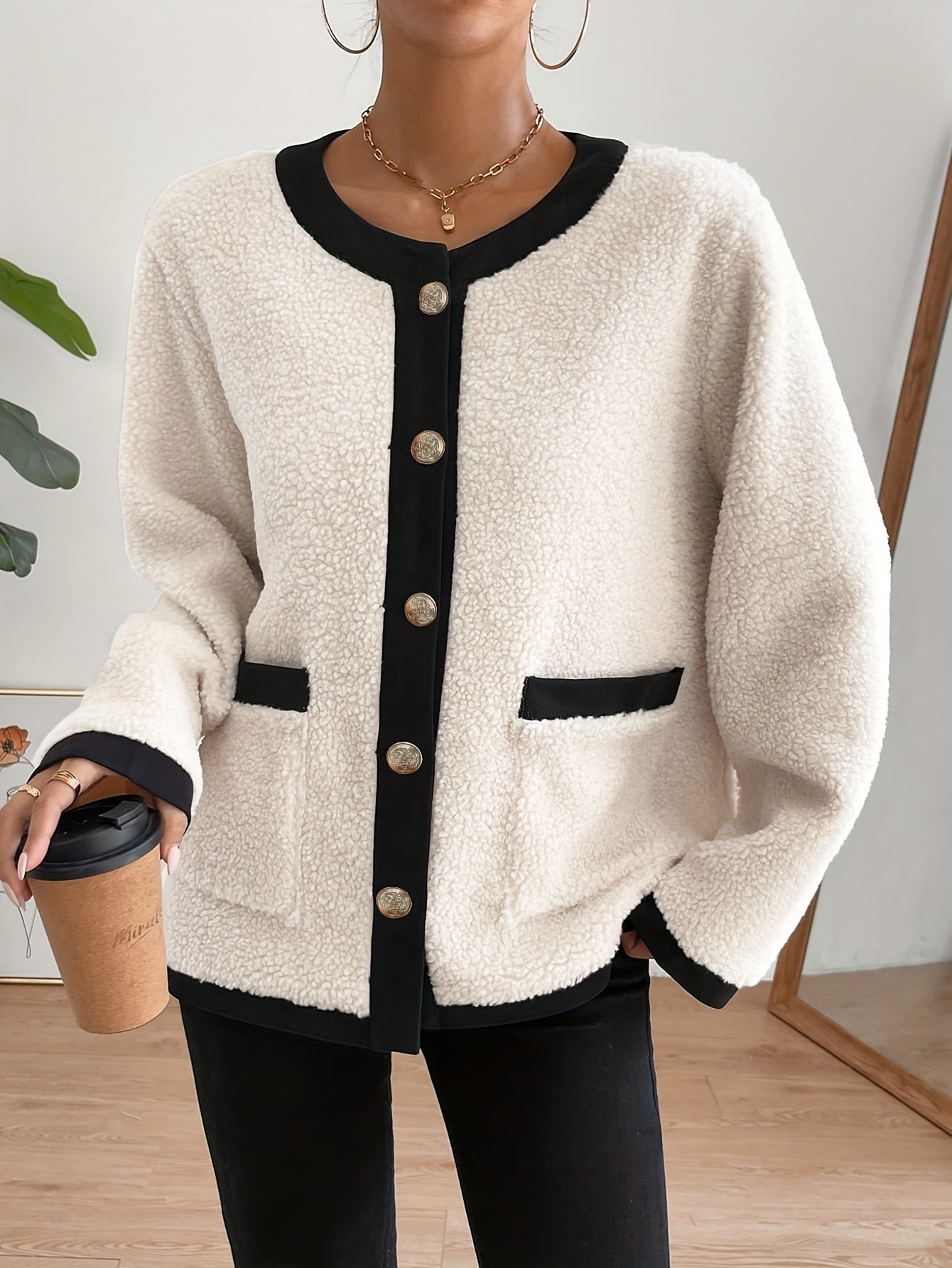 Contrast Trim Button Front Plush Coat