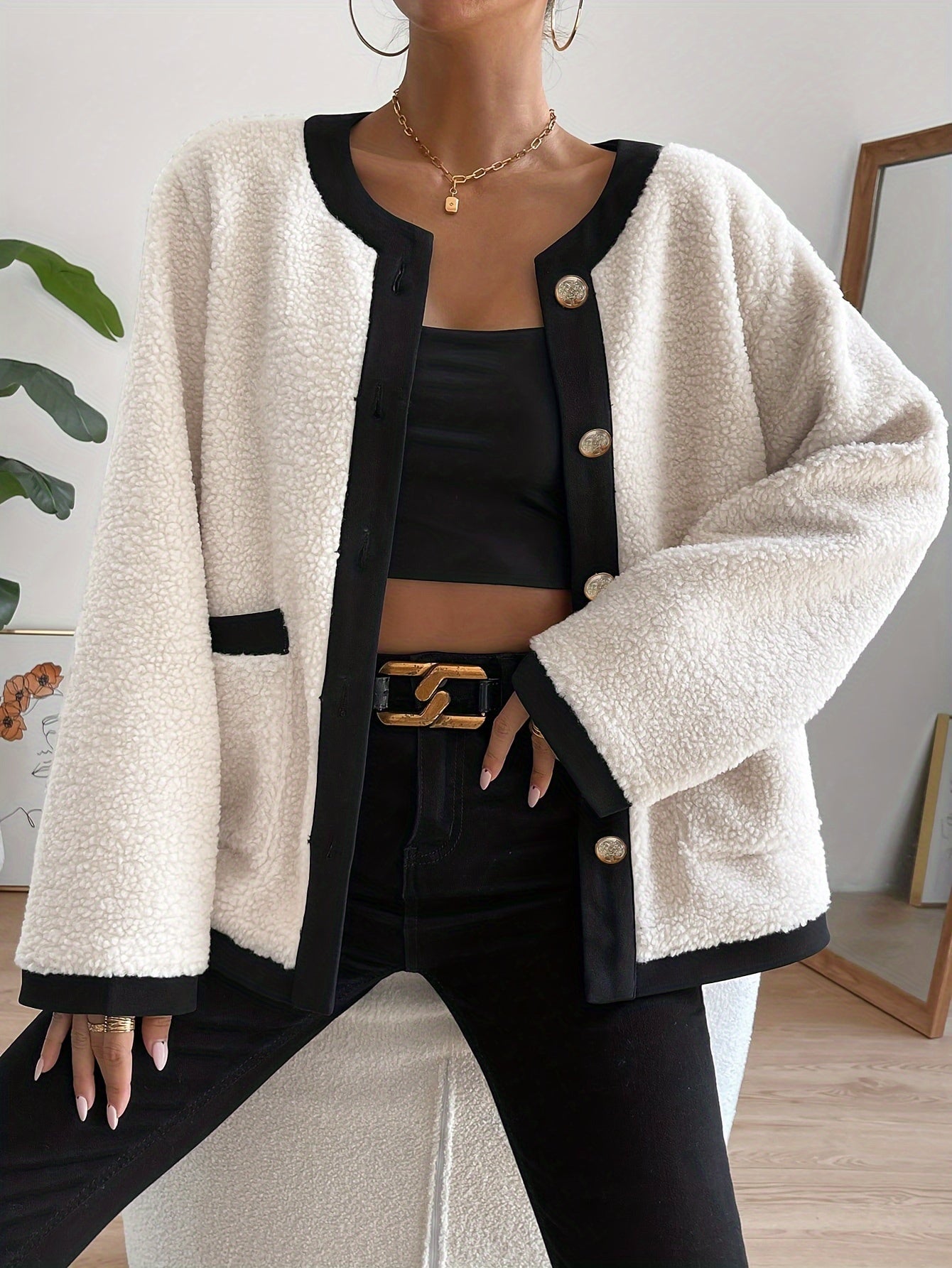 Contrast Trim Button Front Plush Coat